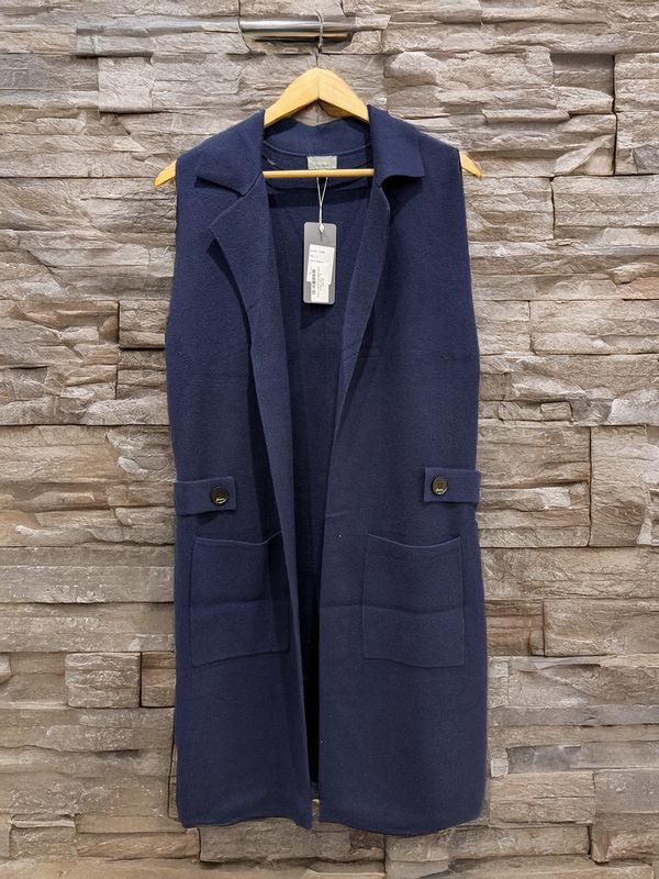 Navy Long Knitted Sleeveless Jacket 16201