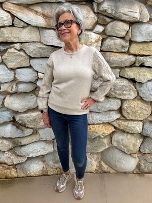 Beige/Gold Lurex Thread Patterned Sleeves Jumper 16211