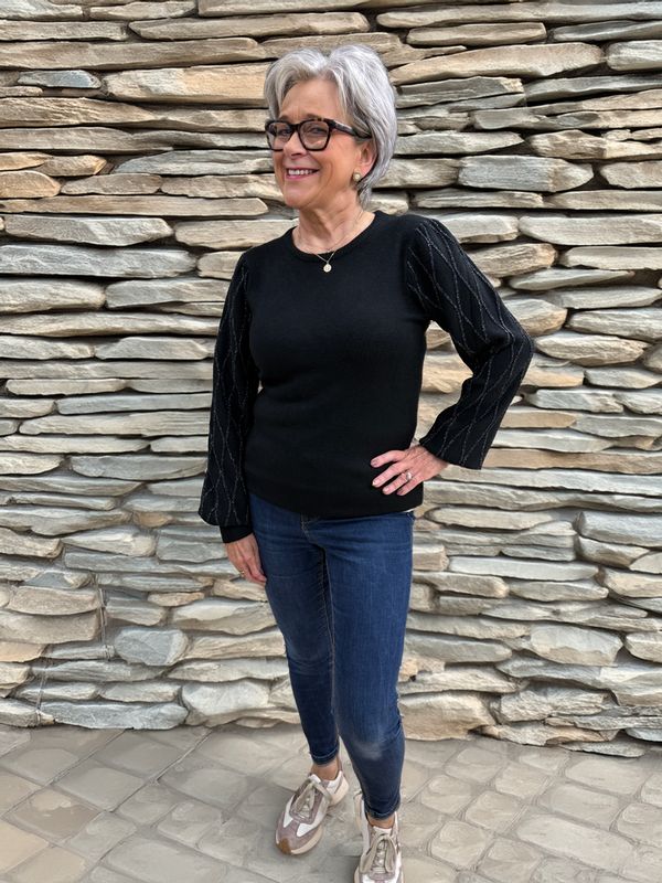 Black/Silver Lurex Thread Patterned Sleeves Jumper 16211