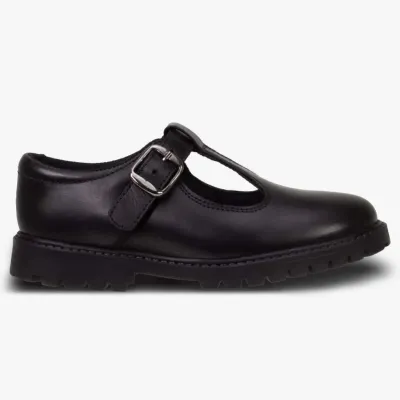 Connie Black Leather Classic Buckle T Bar Shoes
