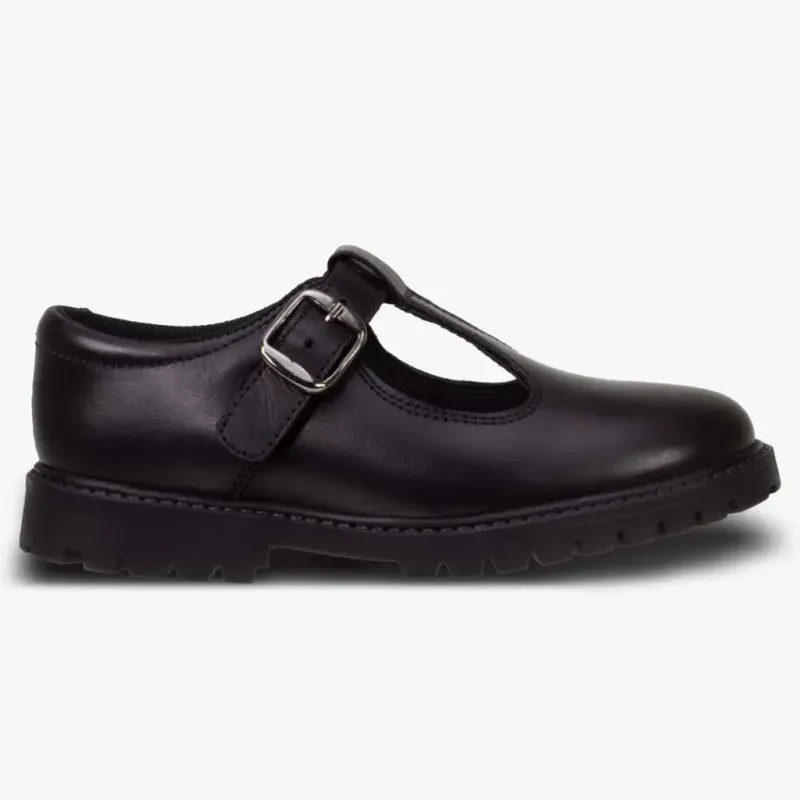 Connie Black Leather Classic Buckle T Bar Shoes