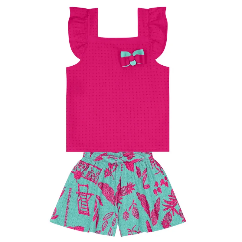 Bow Top &amp; AOP Shorts Set 1000239 - Pink/Aqua