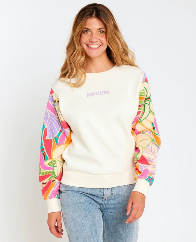 Wavy Print Sleeves Crew Fleece - Lily
