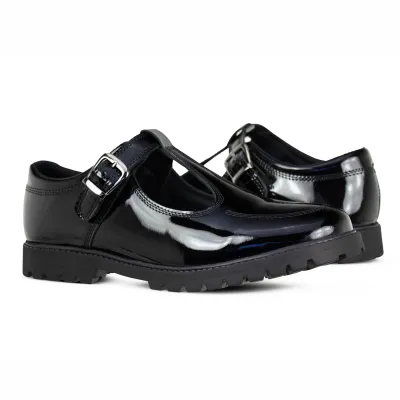Emily Black Patent Buckle T-Bar Shoes - Junior