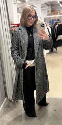 Long Herringbone Wool Blend Coat 217575