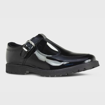 Emily Black Patent Buckle T-Bar Shoes - Senior