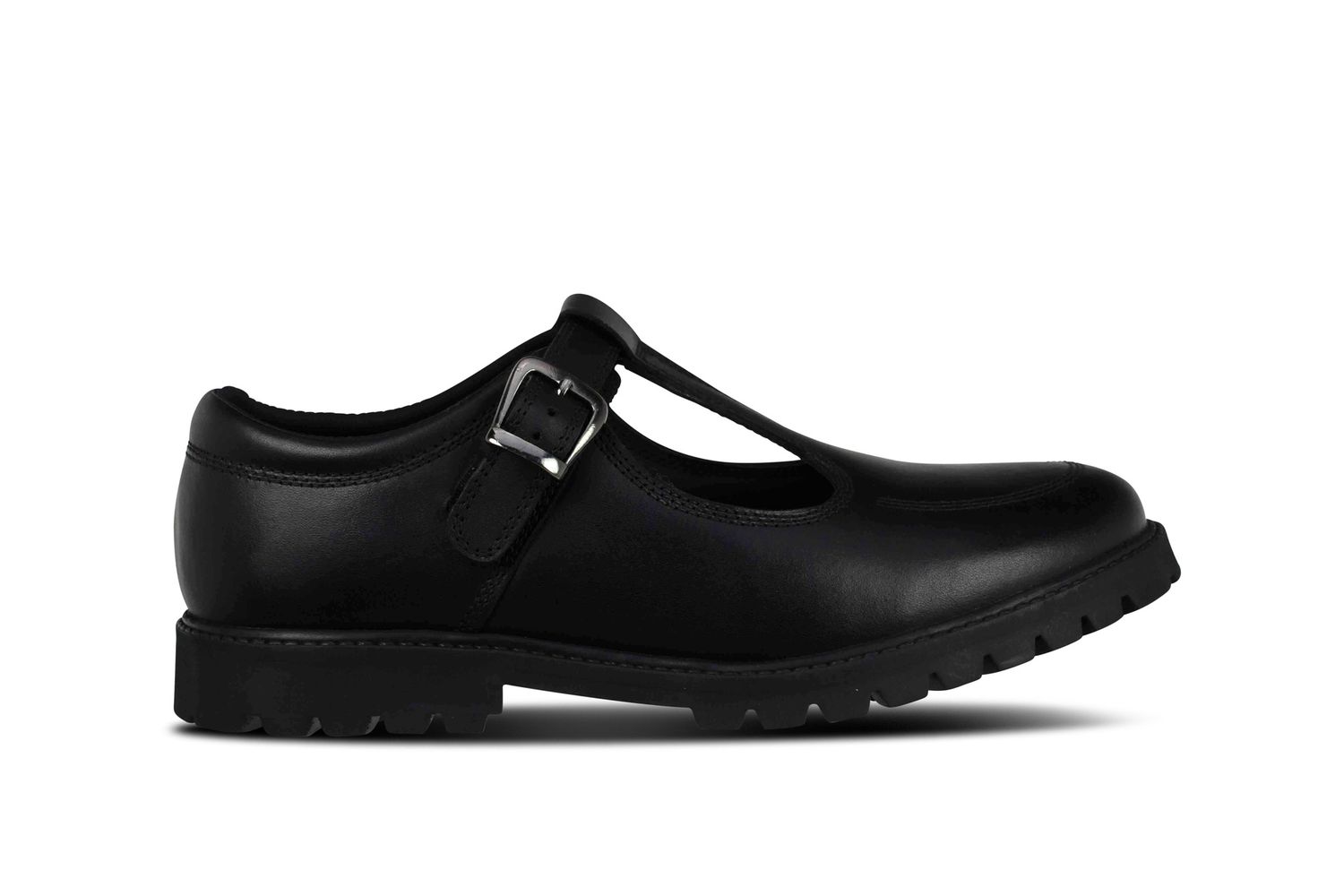 Emily Black Leather Buckle T-Bar - Senior, Size: 6