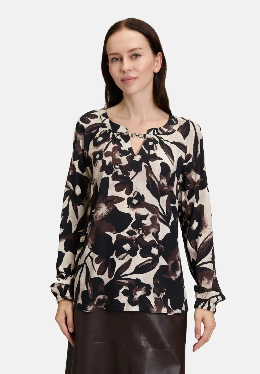 Buckle Neck Blouse - Beige/Brown
