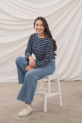 Causeway Long Sleeve Breton Top - Navy Cream Sage Stripe