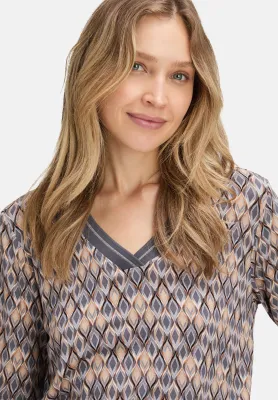 V Neck Graphic Print Blouse Shirt in Grey/Beige