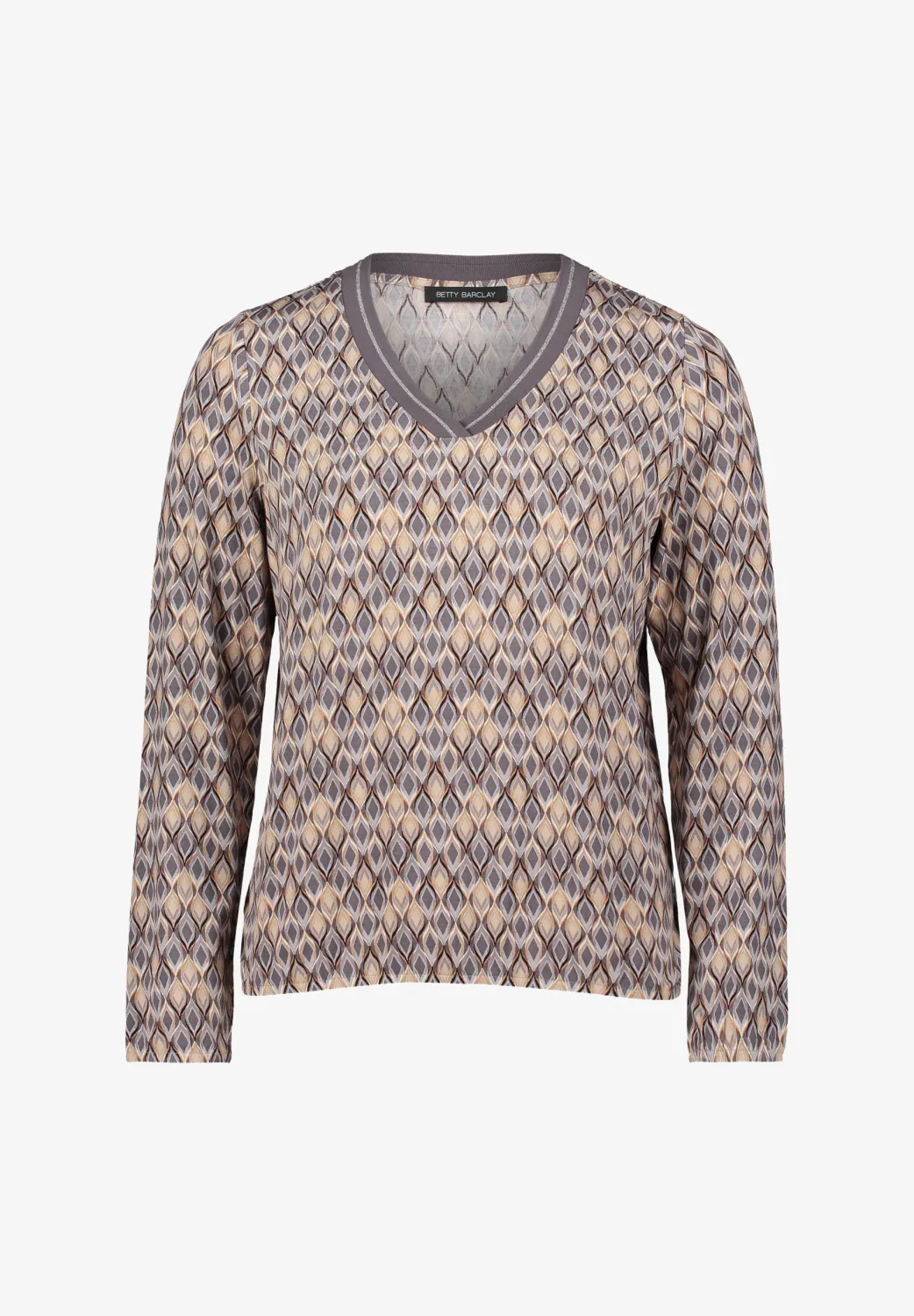 V Neck Graphic Print Blouse Shirt in Grey/Beige