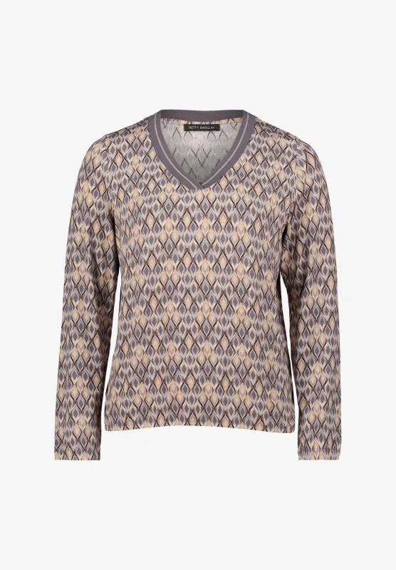 V Neck Graphic Print Blouse Shirt in Grey/Beige