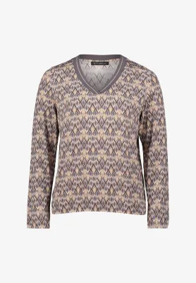V Neck Graphic Print Blouse Shirt in Grey/Beige
