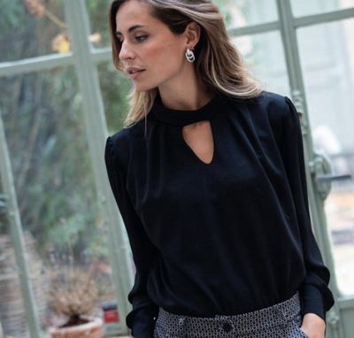 Keyhole Front &amp; Back Blouse with Sheer Sleeves - Black