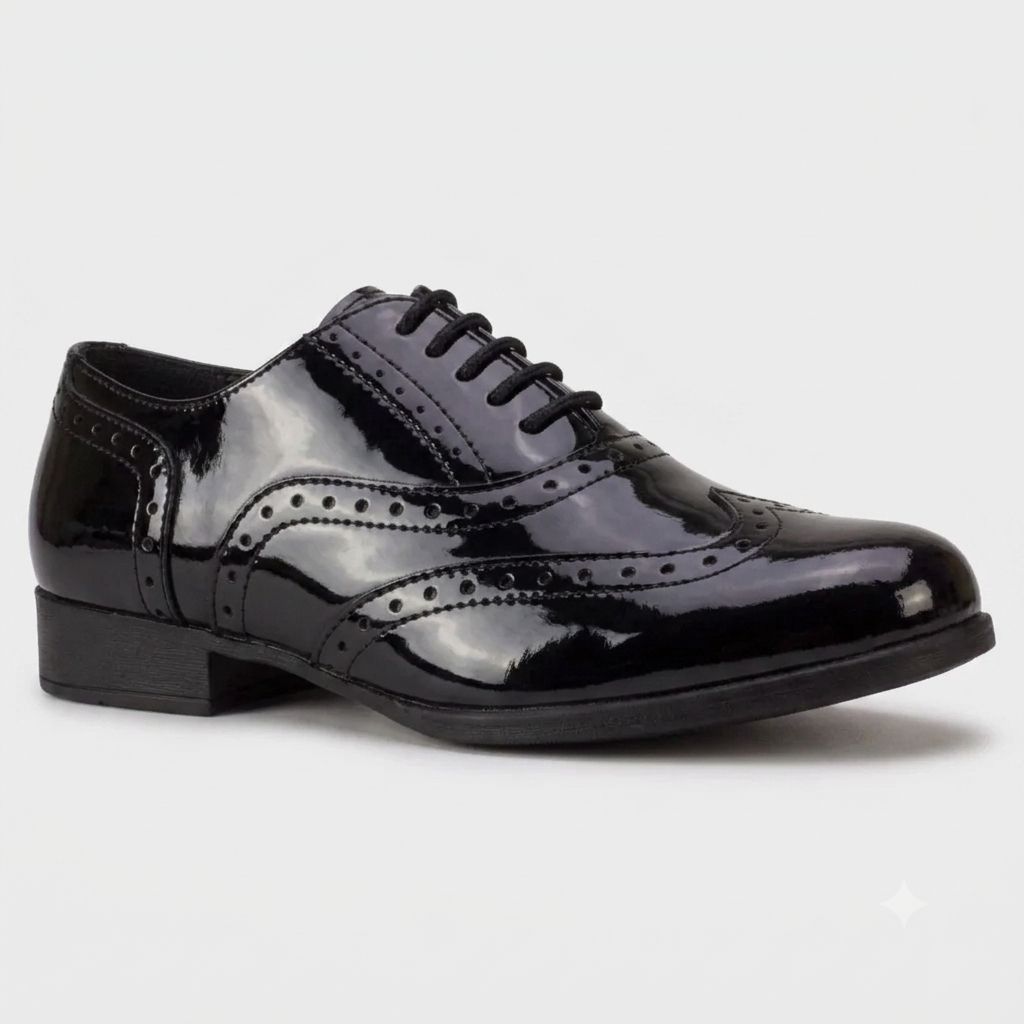 Bella Black Full Patent Brogue Shoes - Junior, Size: 2.5