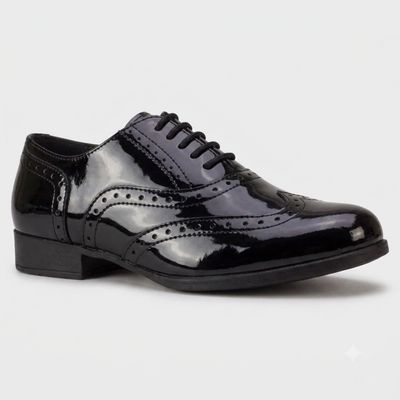 Bella Black Full Patent Brogue Shoes - Junior
