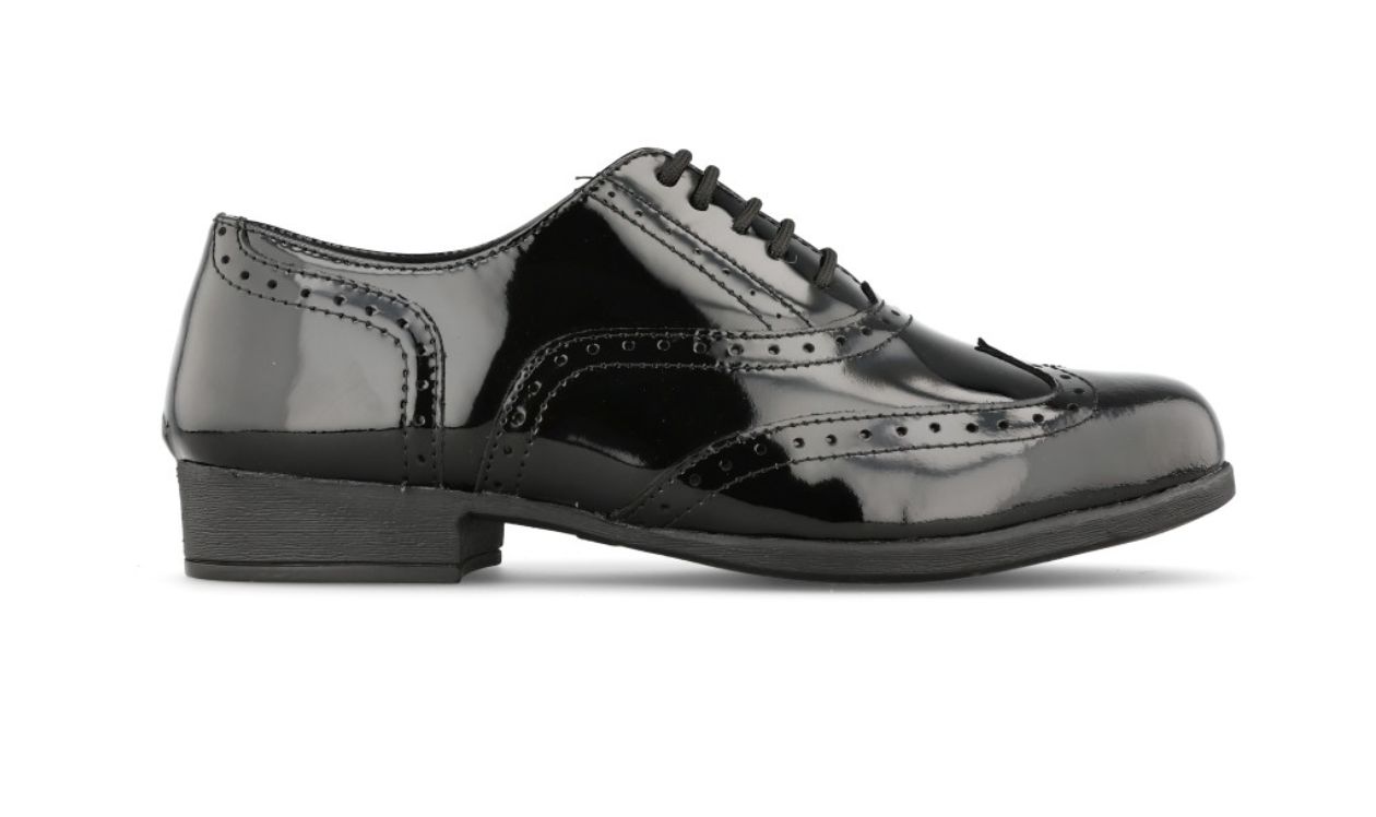 Bella Black Full Patent Brogue Shoes - Senior, Size: 6
