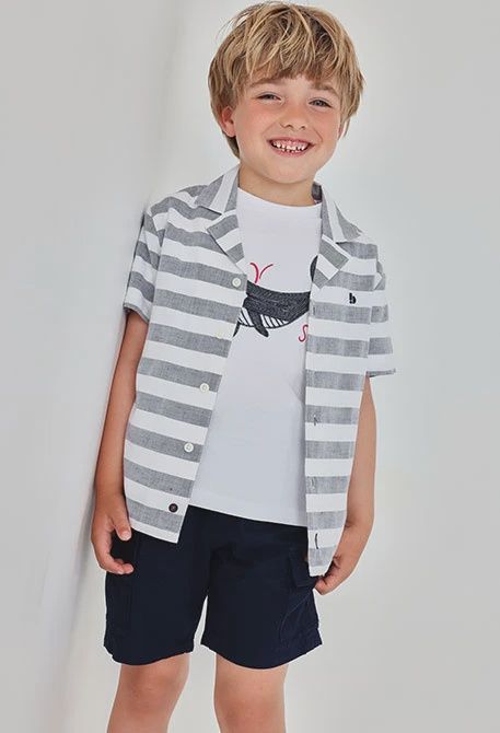 Boy's Navy Striped Linen Short Sleeve Shirt - 823014