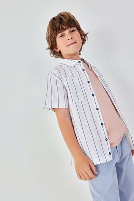 Boy's White Striped Short Sleeve Poplin Shirt - 843128