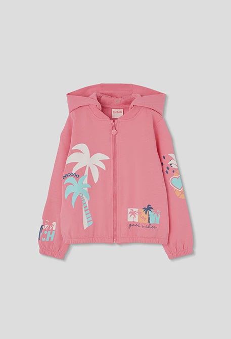Girl's Pink Palm Trees Zipped Hoodie - 333087
