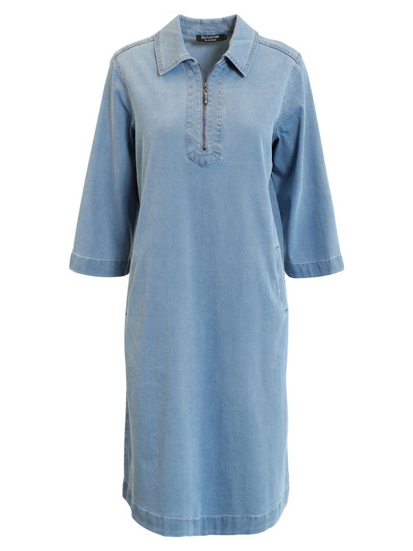 Zip Neck 3/4 Sleeve Washed Blue Denim Dress - 219856