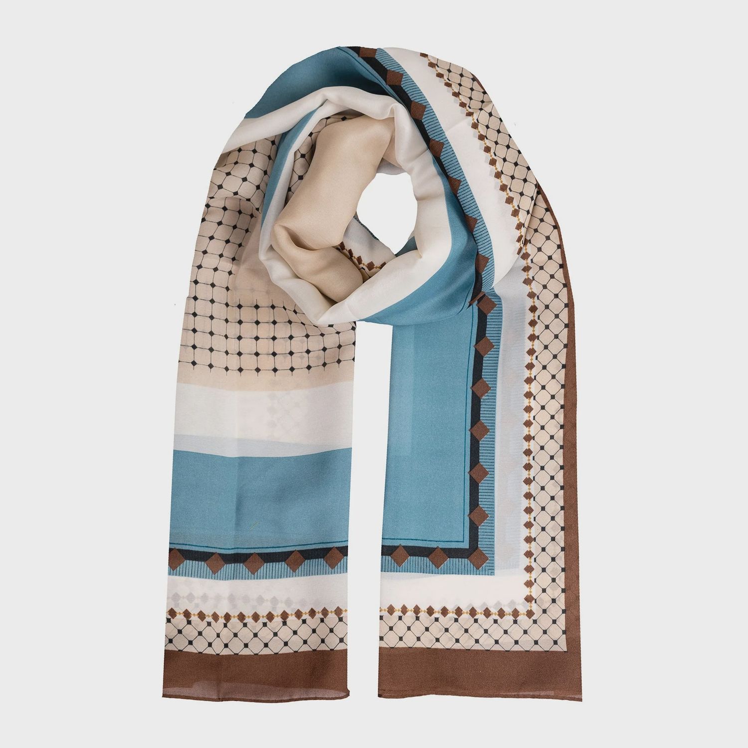 Dents - Satin Scarf with Bold Gemotric Pattern - Sky/Choc 4-5009