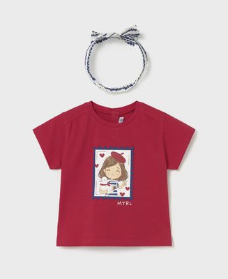 Baby Girl's Printed T-Shirt with Headband 1081 - Red
