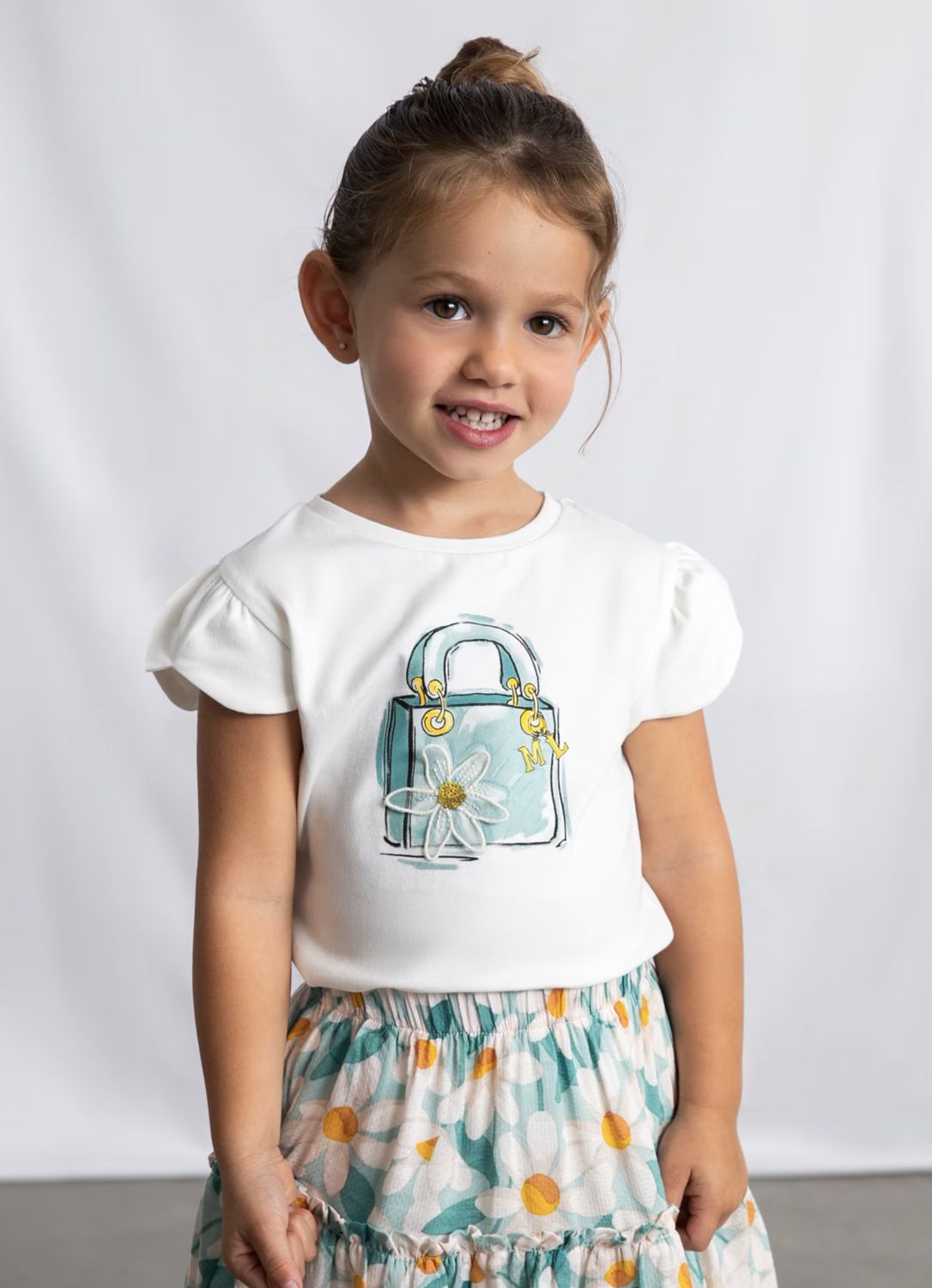 Girl's Handbag Print Top 3002 - Natural/Lake