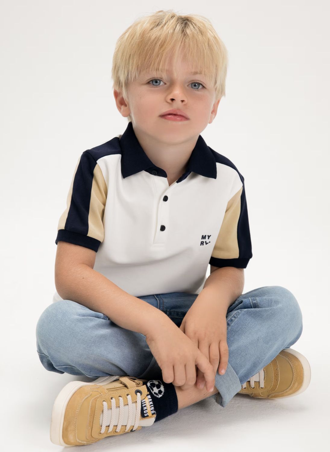 Boy's Combi Polo Shirt 3109 - Cream/Nut