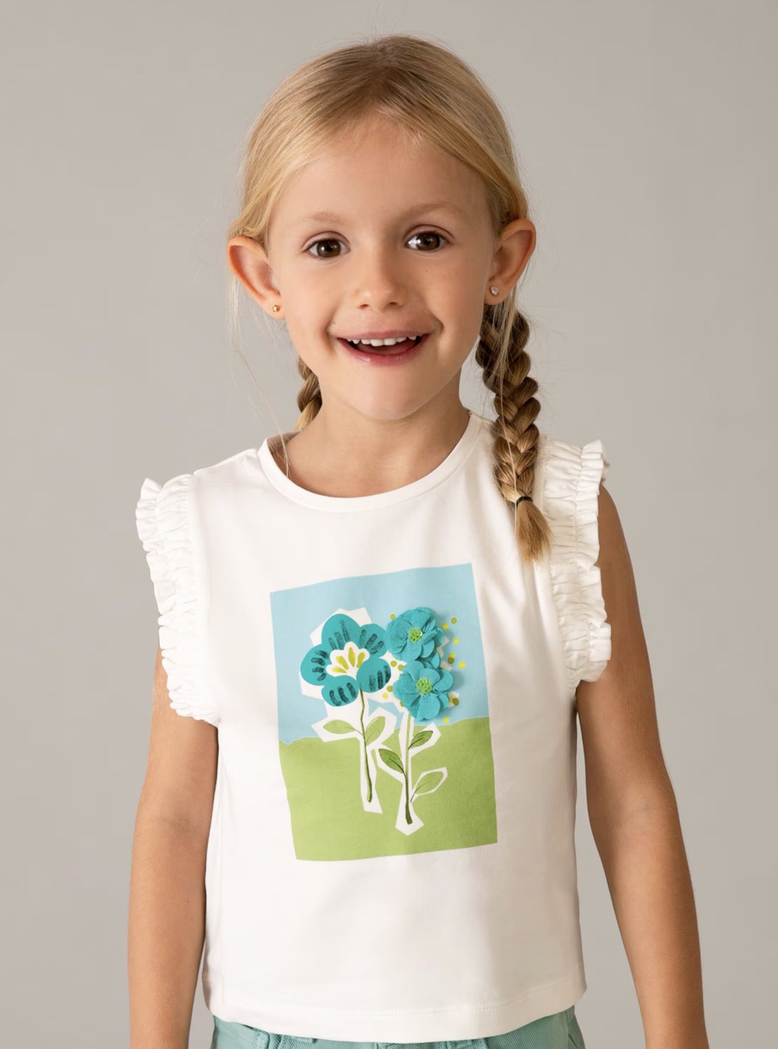 Girl's Sleeveless Flower Print Top 3023 - Natural