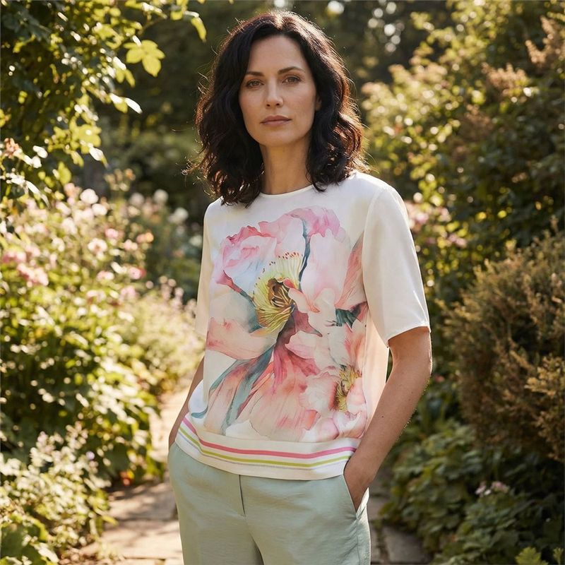 Patch Cream Flower Top with Striped Hem - 8030/1847