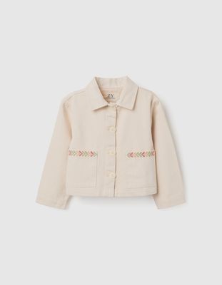 Girl's Light Beige Twill Jacket with Cross-Stitch Embroidery