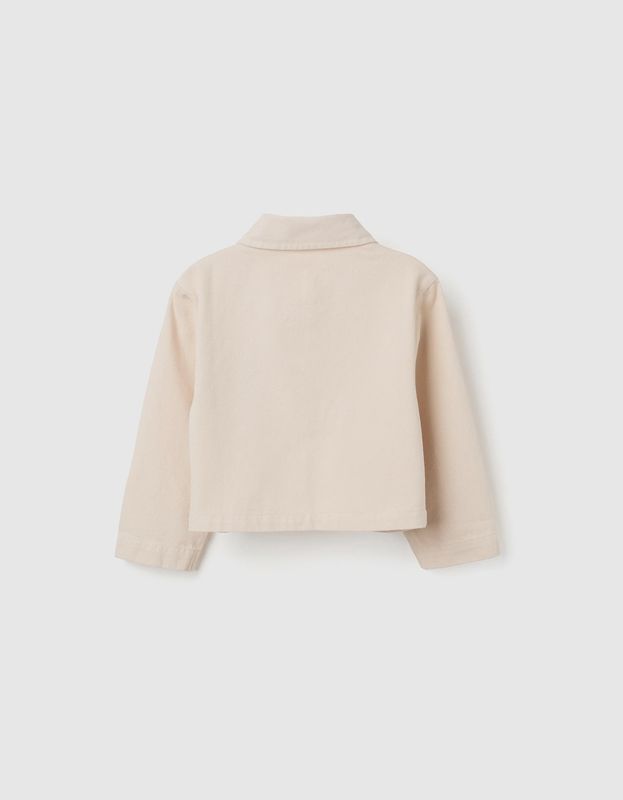Girl's Light Beige Twill Jacket with Cross-Stitch Embroidery