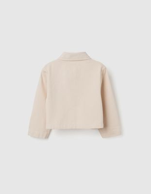 Girl's Light Beige Twill Jacket with Cross-Stitch Embroidery