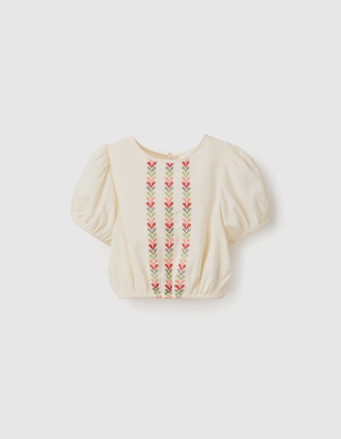 Girl's Beige Blouse with Balloon Sleeves and Embroidery