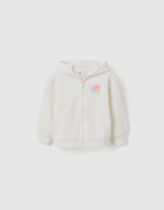 Baby Girl's White Zipped Hoodie with Floral Print