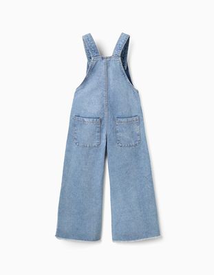 Girl's Wide Leg Denim Dungarees with Frayed Hems