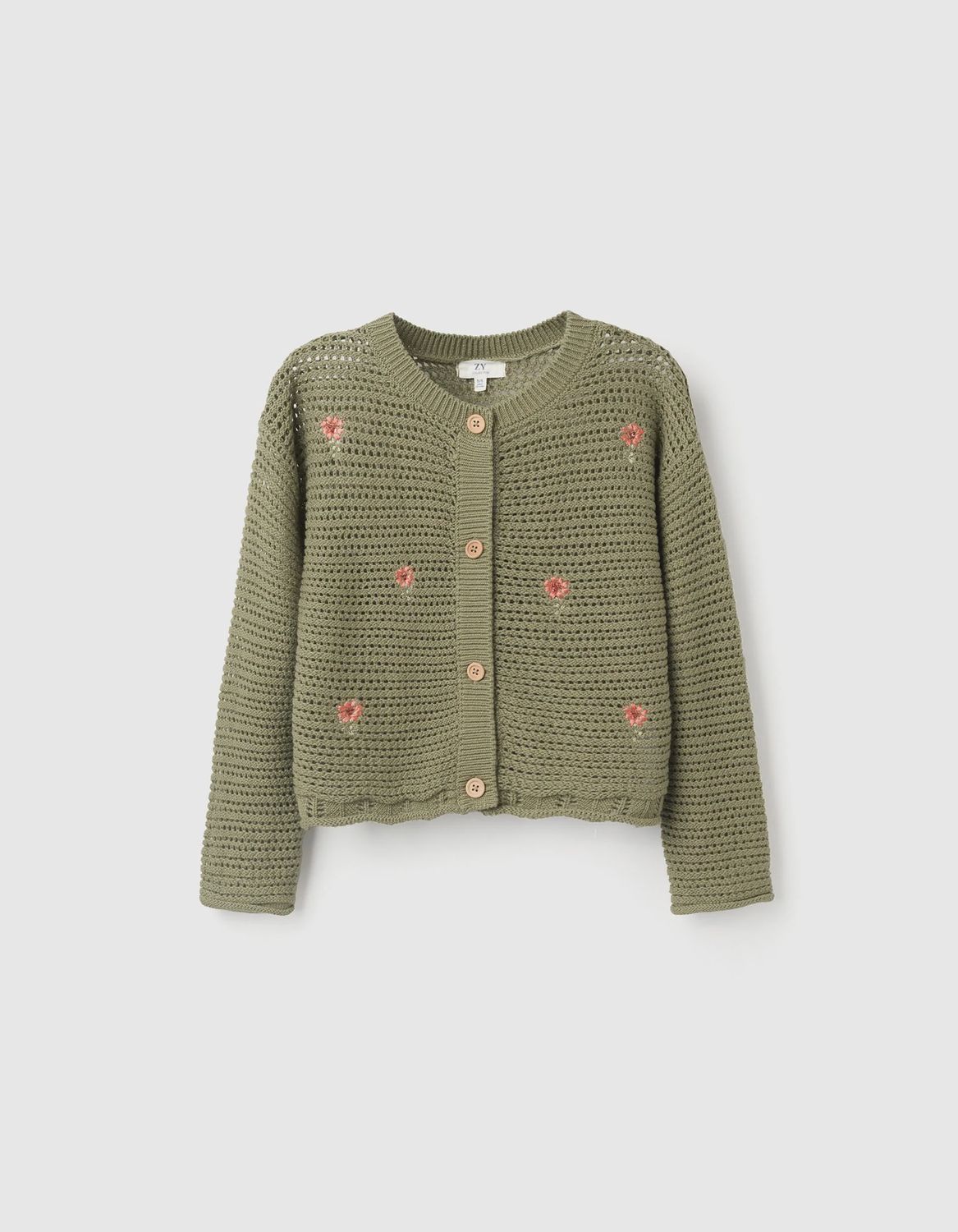 Girl's Dark Green Kitted Cardigan with Flowers
