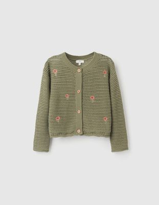 Girl's Dark Green Kitted Cardigan with Flowers