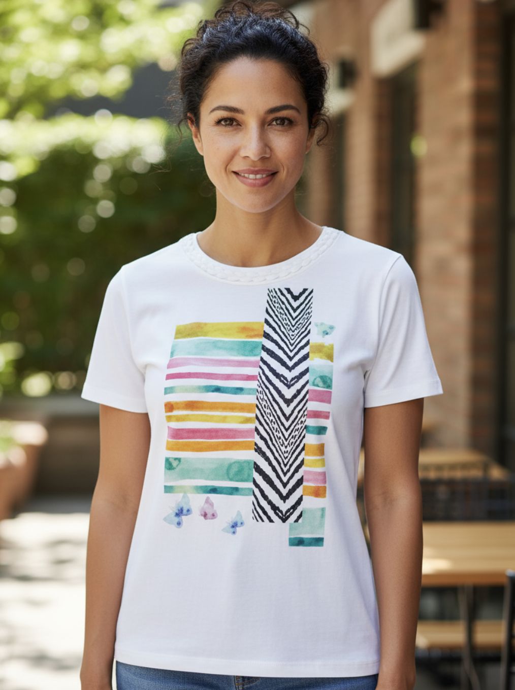 White Multi Stripe T-Shirt with Braided Neck COL13212