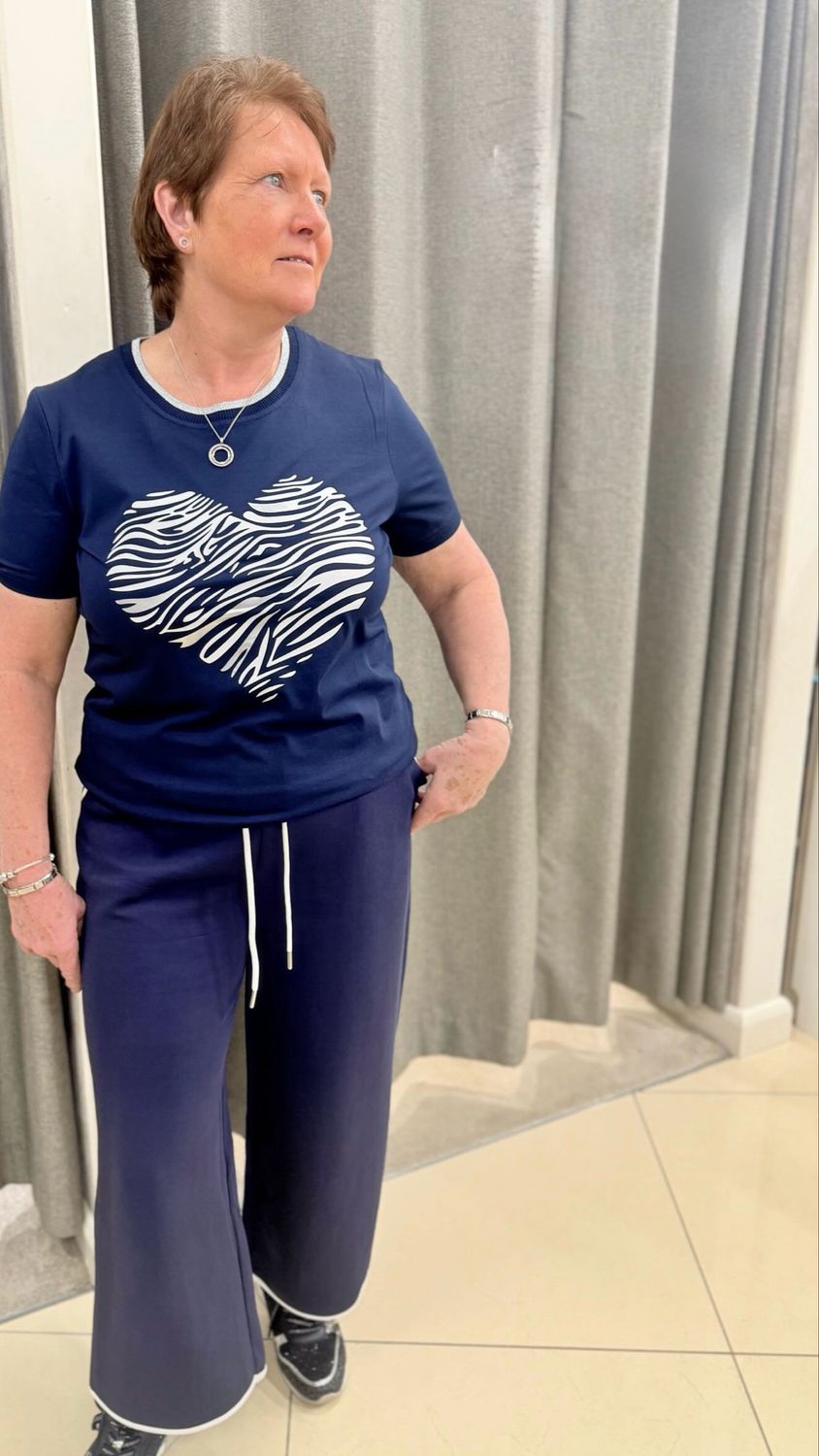 Navy Heart Print T-Shirt with Braided Neck COL13393