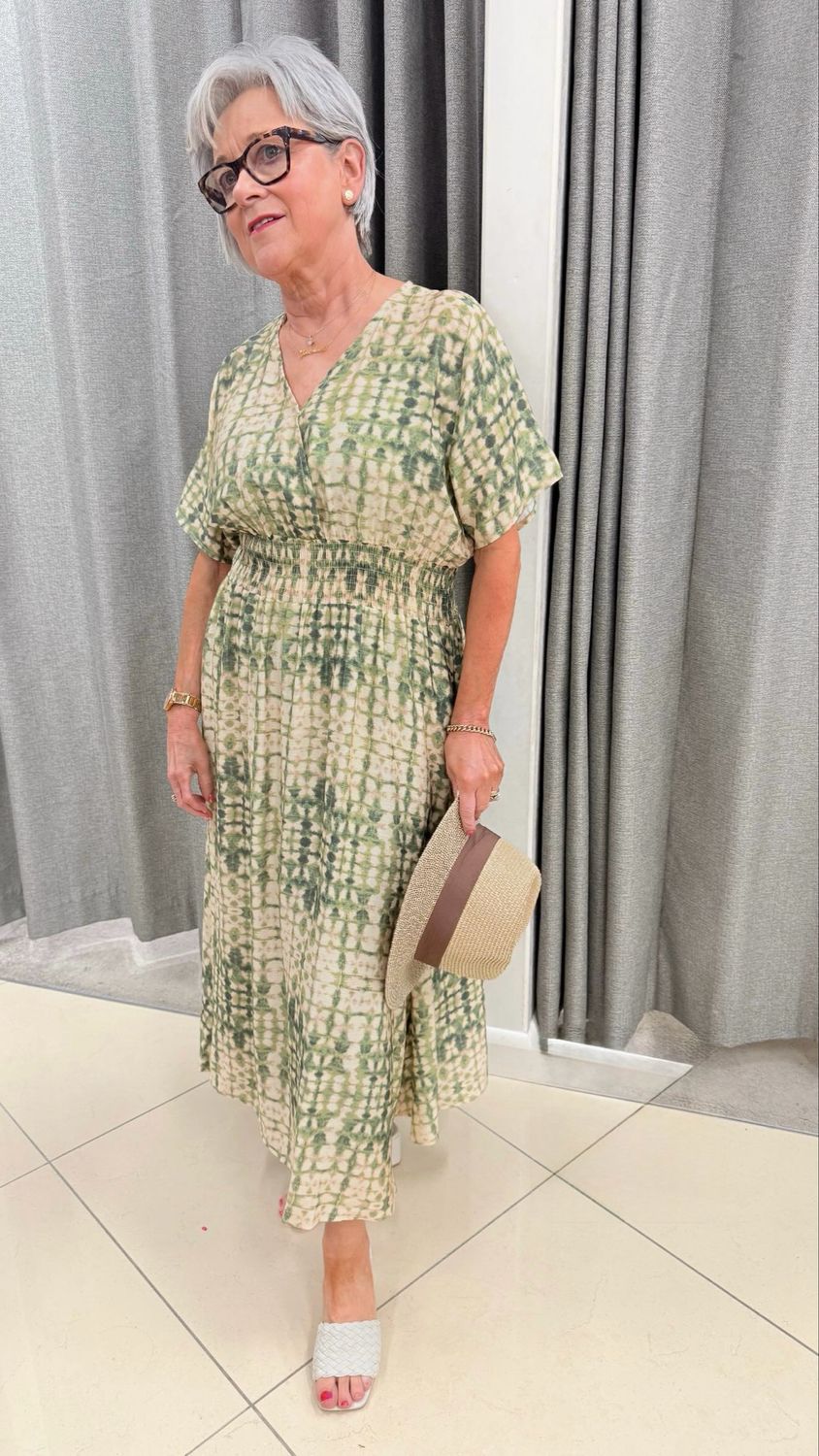Green Print V Neck Cross Over Dress COL13221