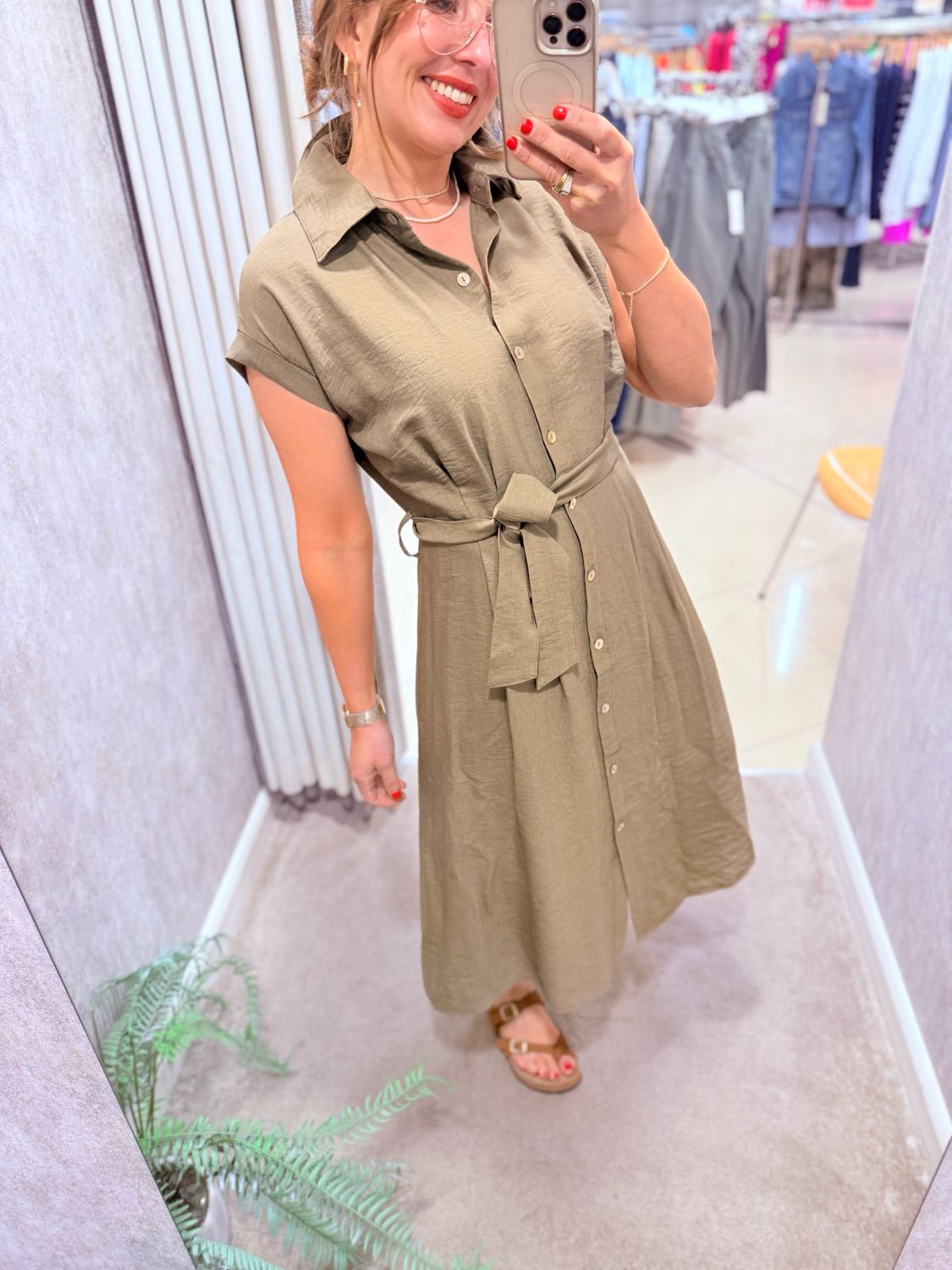 Khaki Linen Look Dress COL13321
