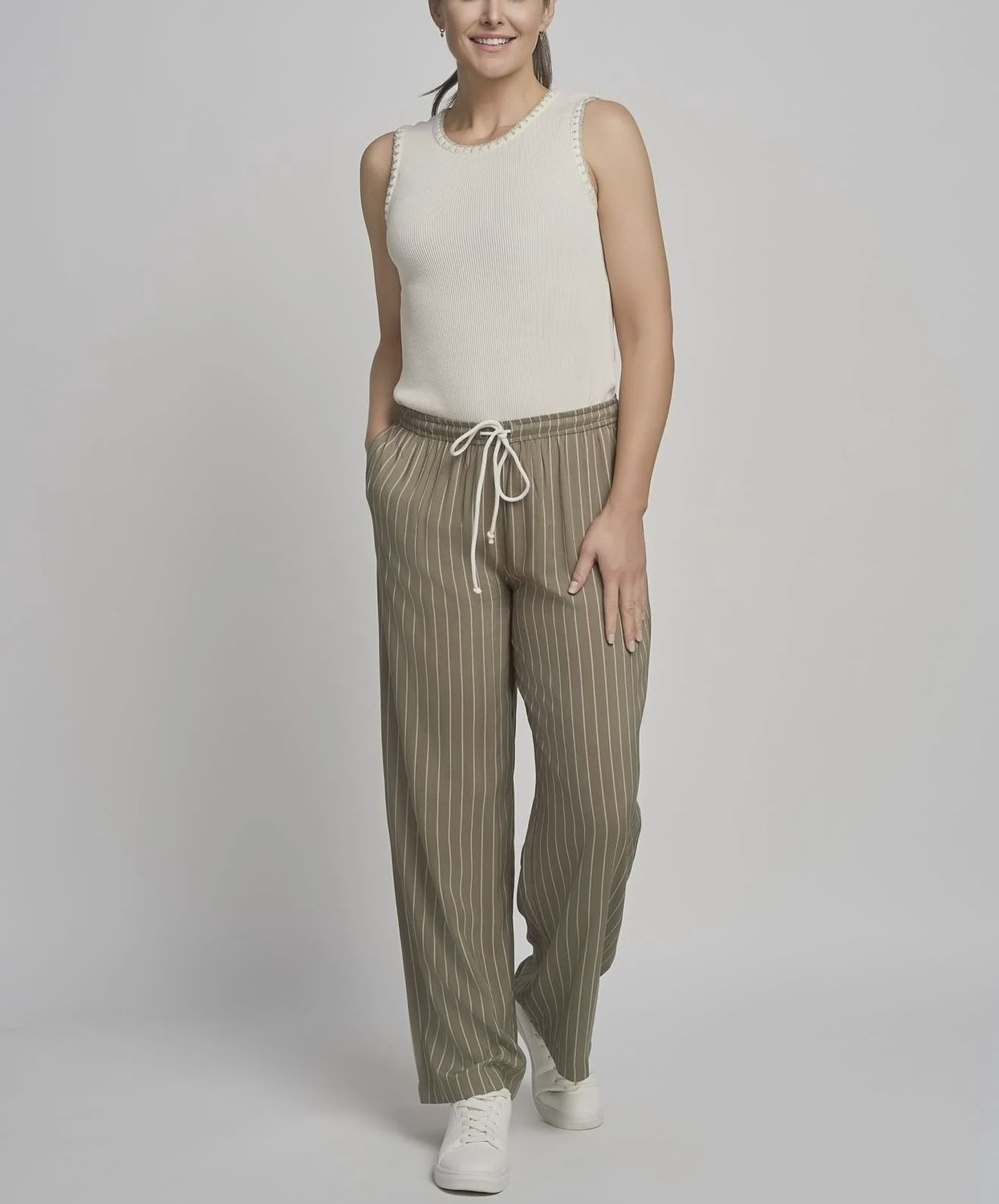 Khaki/White Stripe Wide Leg Palazzo Trousers 735T