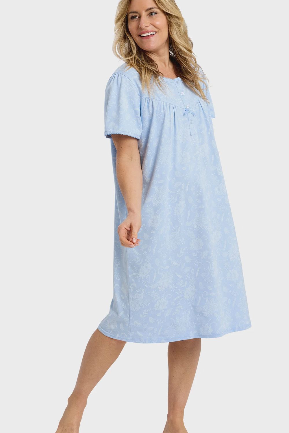 Dotty Floral 40" Blue Cotton Jersey Short Sleeve Nightdress