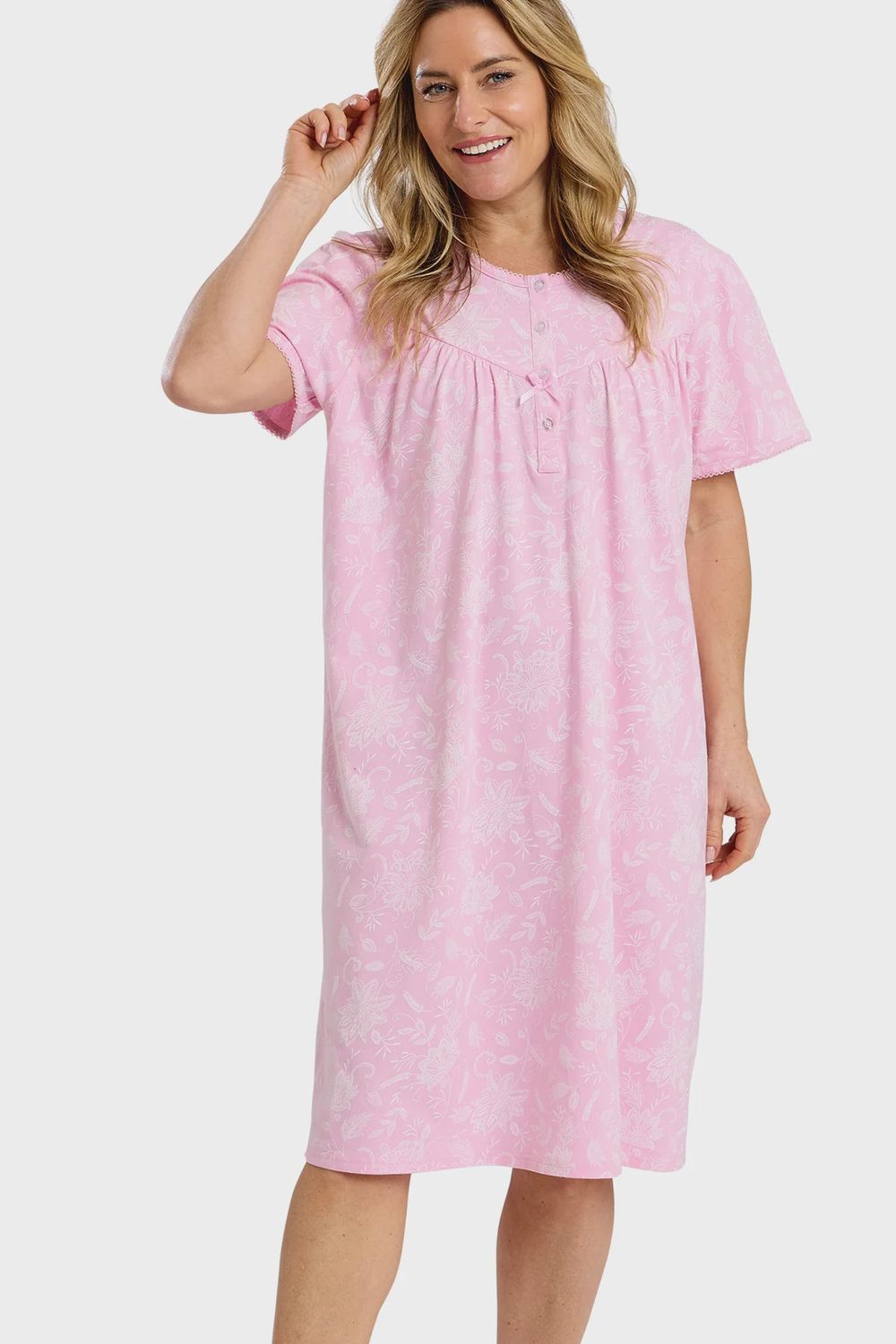 Dotty Floral 40" Pink Cotton Jersey Short Sleeve Nightdress