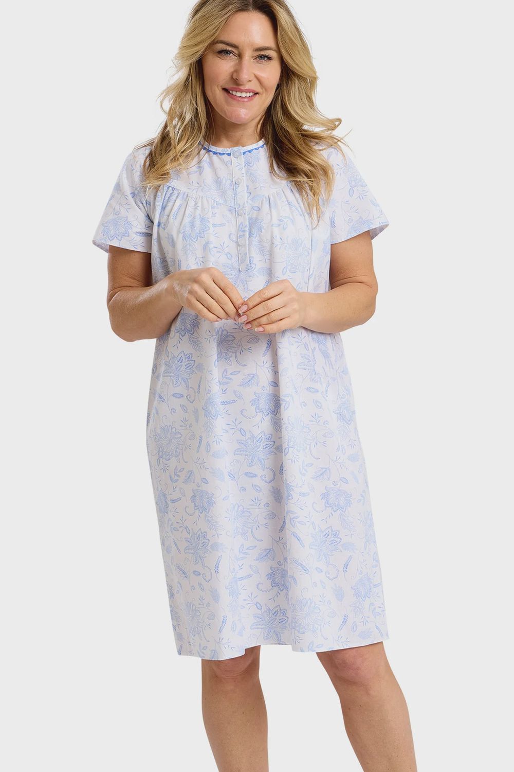 Amelia Blue Floral Premium Cotton Short Sleeved 40" Nightdress