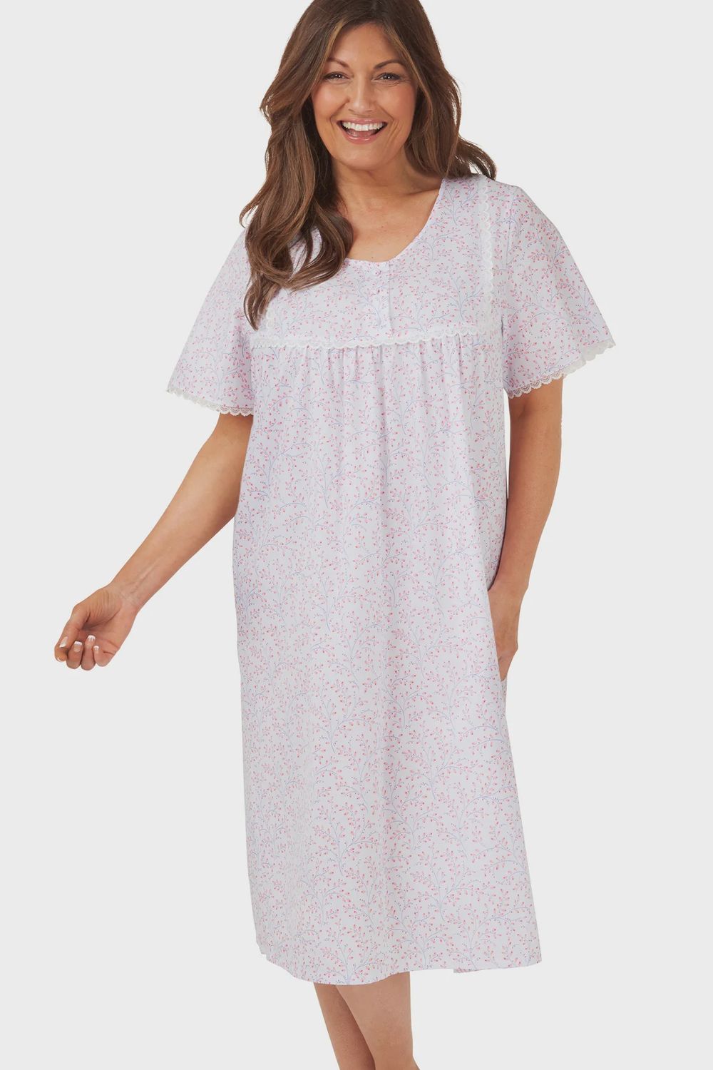 Swirl Leaf Sprig Round Neck Easy-Care Nightdress - Pink