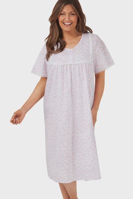 Swirl Leaf Sprig Round Neck Easy-Care Nightdress - Pink