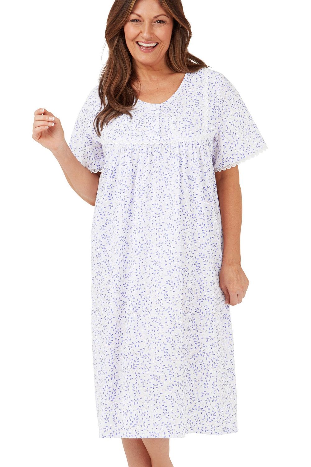 Swirl Leaf Sprig Round Neck Easy-Care Nightdress - Blue
